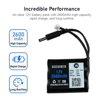 12V 2600 mAh Rechargeable Lithium Battery Pack with Warranty (includes BMS & balance pin) for GPS, CCTV, Industrial and Commercial Application - Image 3